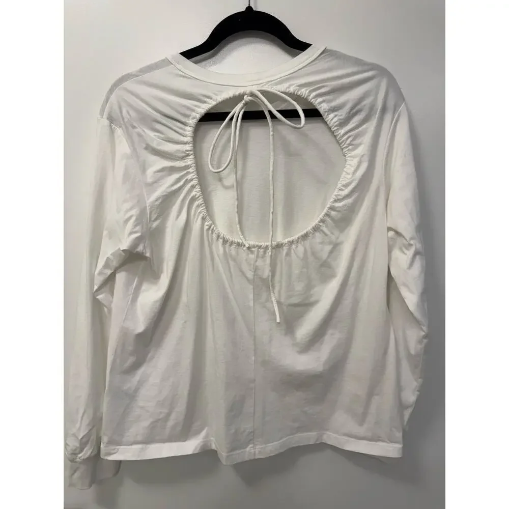 A.L.C Marco T-Shirt Women's L White Cotton Open Tie Back Crew Neck Long Sleeve